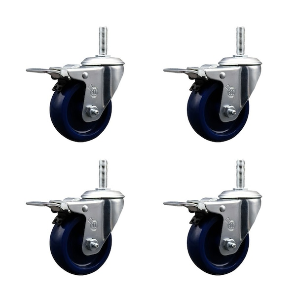 4 Inch Solid Polyurethane Swivel 34 Inch Threaded Stem Caster Set with Total Lock Brake